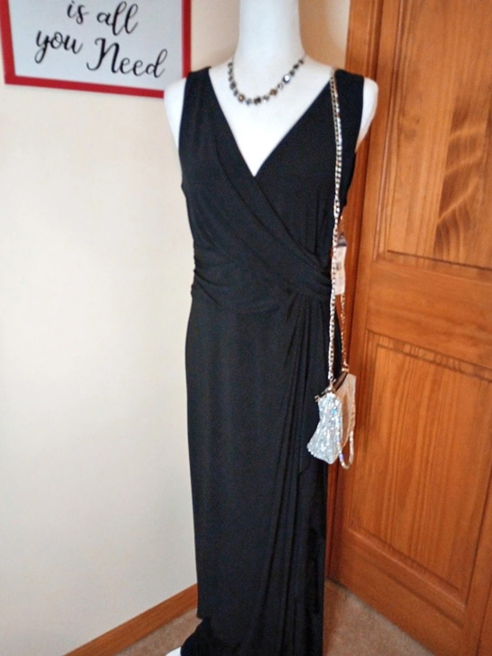 Chaps Sleeveless Faux-Wrap Maxi Dress in Black Size 14